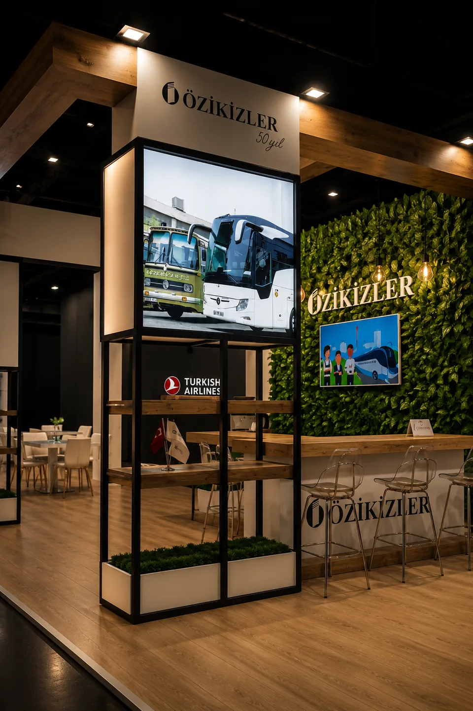 Özikizler Turizm standının köşe cephesi ve görsel sergileme ünitesi